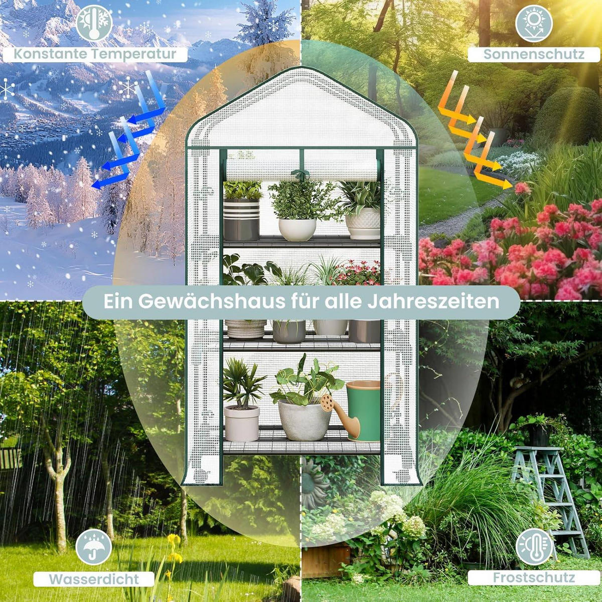 GEWÄCHSHAUS mit Rollen, Foliengewächshaus mit 3 Regalen - Weiß, Textil/Metall (70/131/50cm) - Woltu