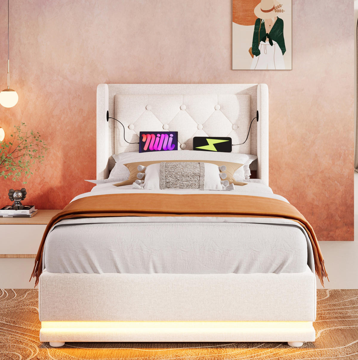 POLSTERBETT 90/200 cm Beige mit Stauraum, LED-Beleuchtung und USB-/Type-C-Anschlüssen - Beige, Textil (90/200cm) - Flora Grace