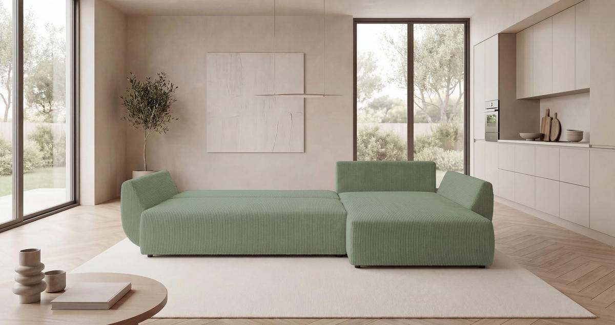 ROHOVÁ pohovka SYDNEY pravá světle zelená manšestr Poso 47 - funkce spaní, úložný prostor - světle zelená, textil (280/175cm) - Cornero