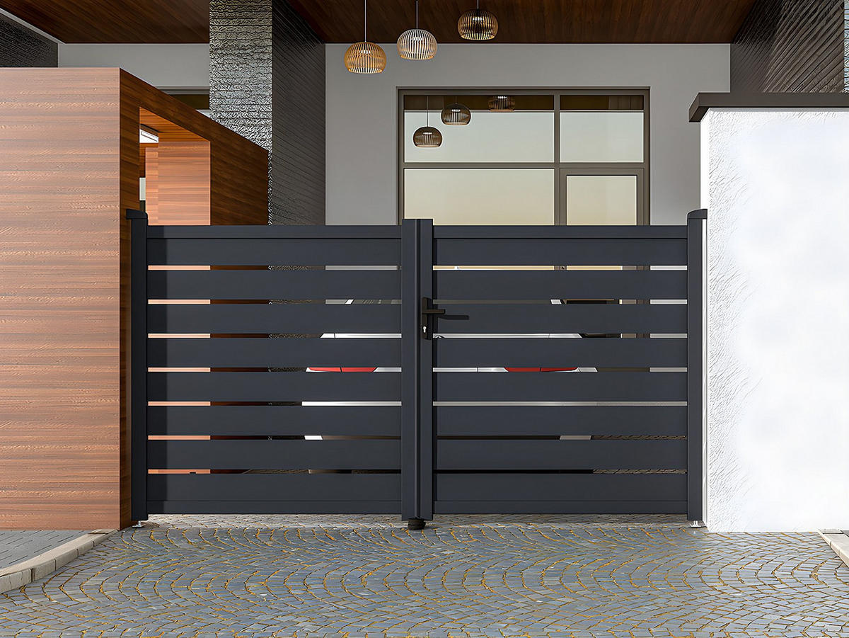 GARTENTOR Flügeltor Doppeltor - 305 x 166 cm - durchbrochen - Aluminium - Anthrazit - PRIMO - Anthrazit, Metall (300/161cm) - Vente-Unique