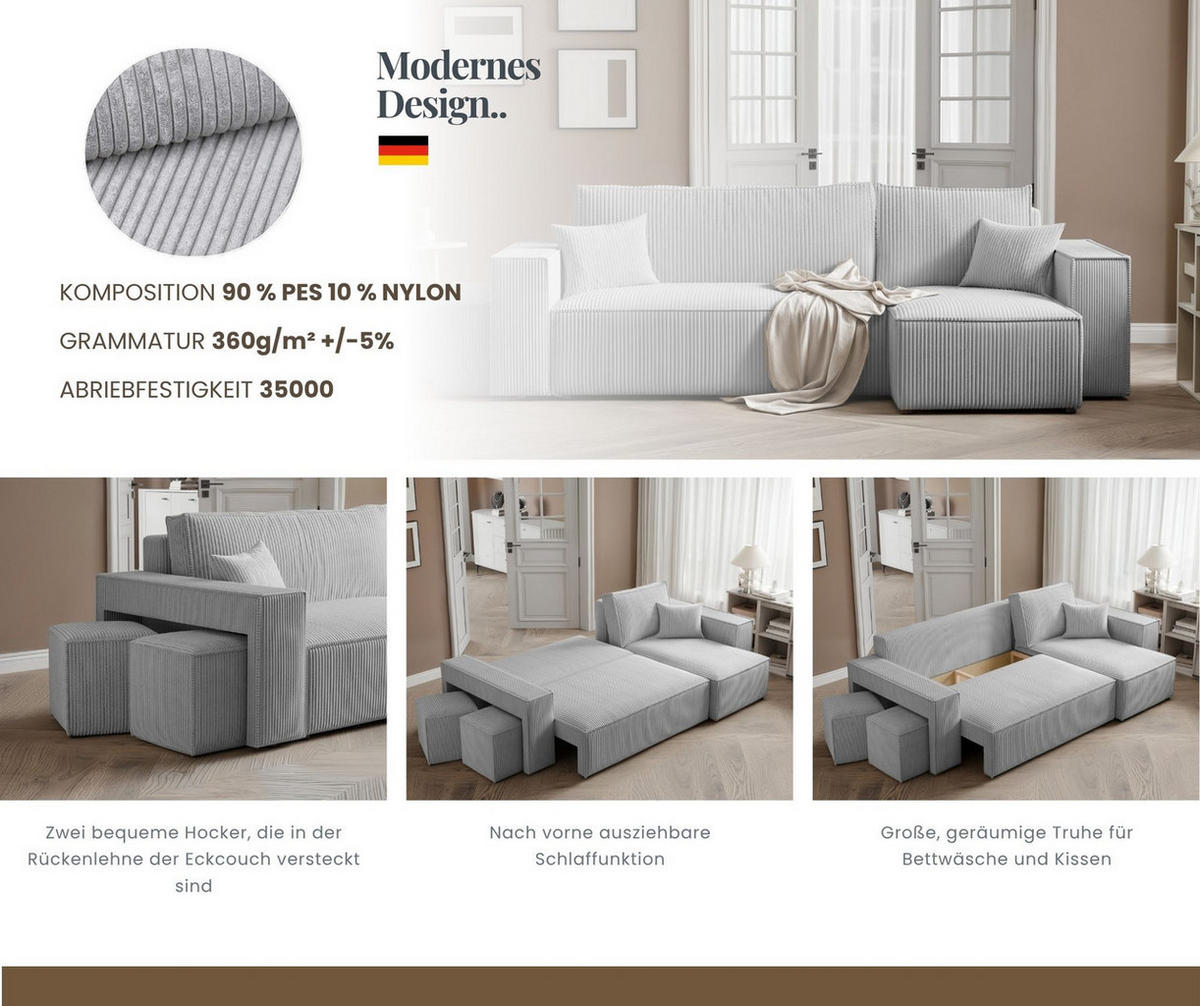 ECKSOFA PARIS mit Schlaffunktion und Bettkasten Grau - Grau, Holzwerkstoff/Kunststoff (262/145cm) - Idohome