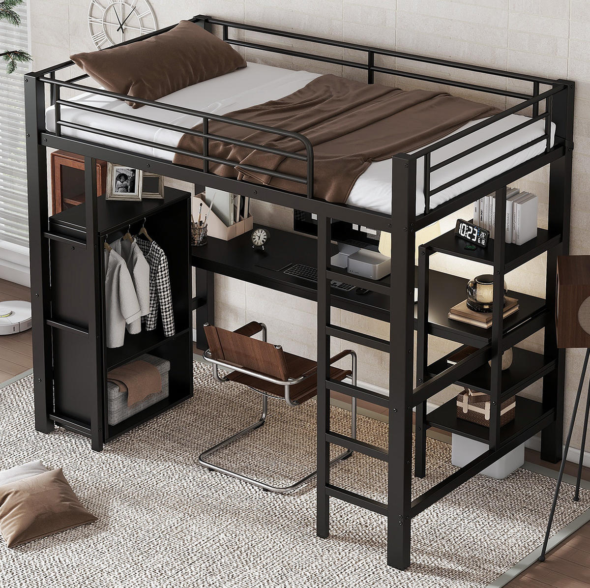 HOCHBETT 90/200 cm aus Metall mit Schreibtisch und Kleiderschrank in Schwarz - Schwarz, Metall (90/200cm) - Flora Grace
