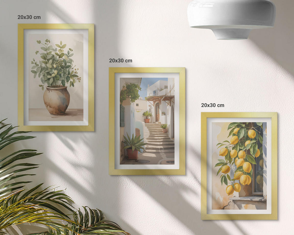 WANDBILDER 3er Set - 20x30 cm Goldrahmen - Zitronenblumen im Topf, Straßen - Goldfarben, Kunststoff (20/30cm) - ArtPrintCave