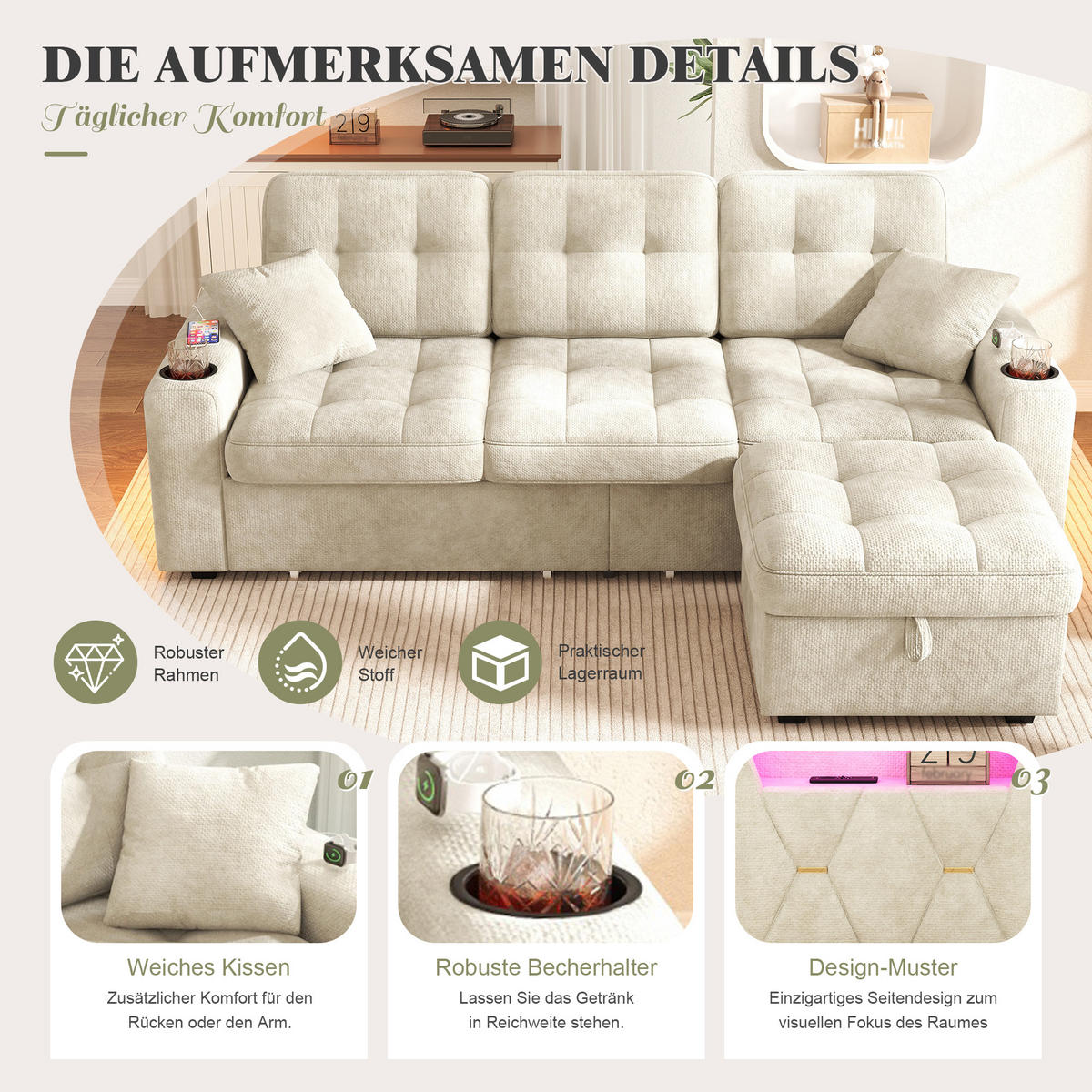 BIGSOFA mit Stauraum-Hocker, USB-C, LED, Becherhaltern und Schubladen aus Chenille - Beige, Textil (194.5/83/133cm) - EVRYAE