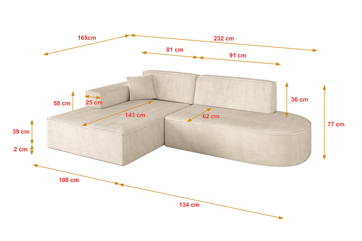 ECKSOFA Ottomane Links IREA-L1-v4 - 232x165x77 cm Beige - Beige, Holzwerkstoff/Textil (232/165cm) - ALTDECOR
