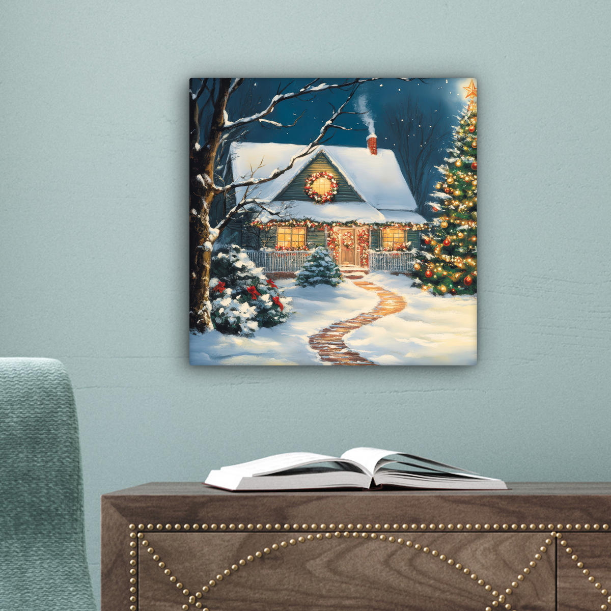 LEINWANDBILD Weihnachten - Weihnachtsbaum - Winter - Zuhause - Schnee 20x20 cm - Multicolor, Textil (20/20cm) - MuchoWow