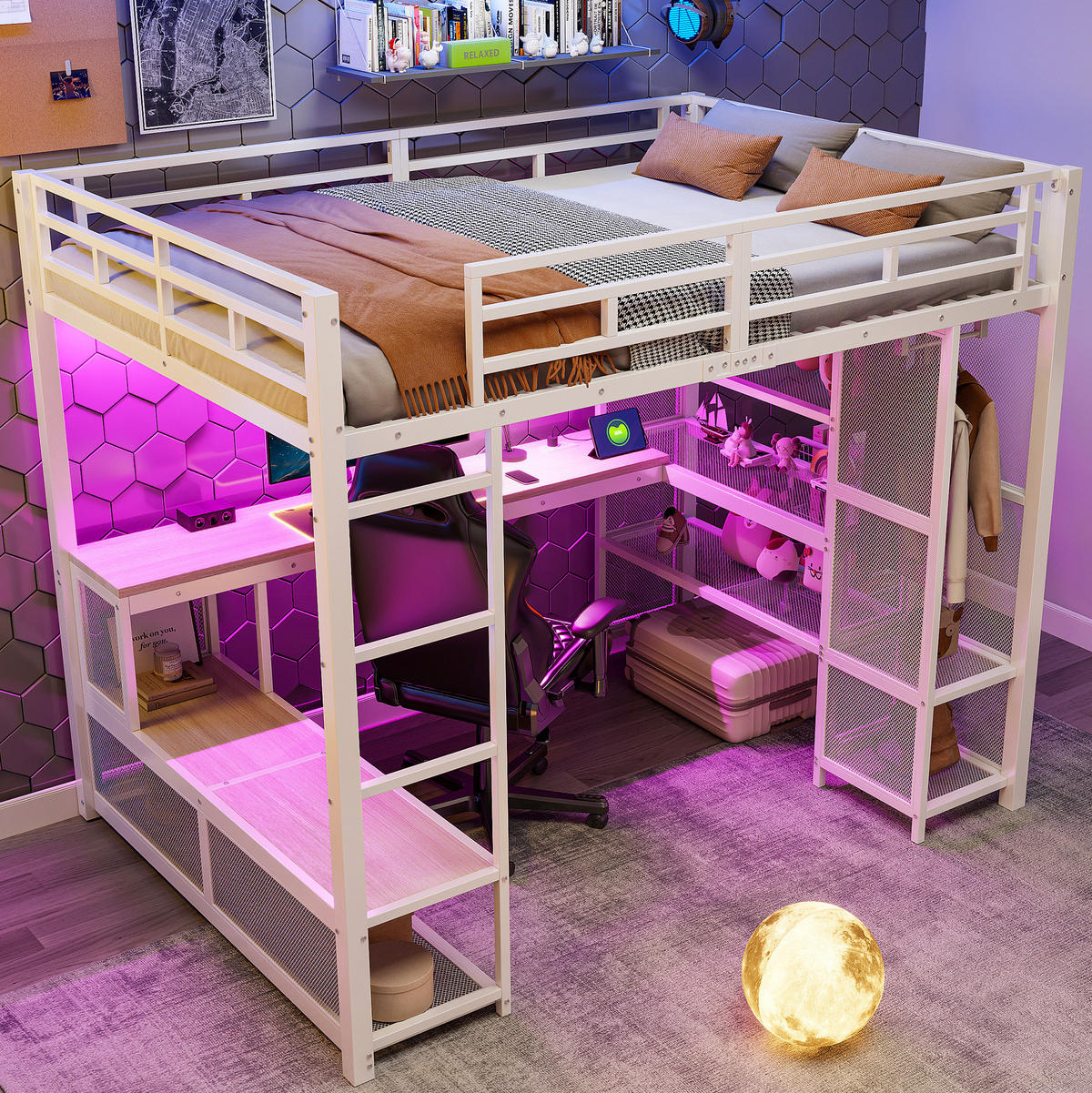 HOCHBETT 140/200 cm aus Metall und MDF mit Schreibtisch, offenem Kleiderschrank, USB und LED-Beleuchtung, Weiß - Weiß, Holzwerkstoff (140/200cm) - Redom