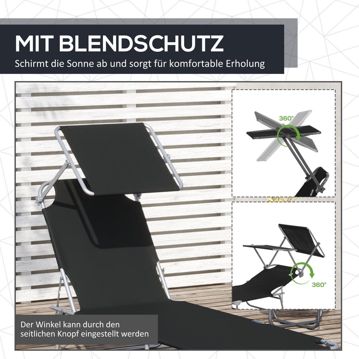 SONNENLIEGE mit Sonnenschutz, Schwarz - Schwarz, Textil/Metall (58/27/187cm) - Outsunny