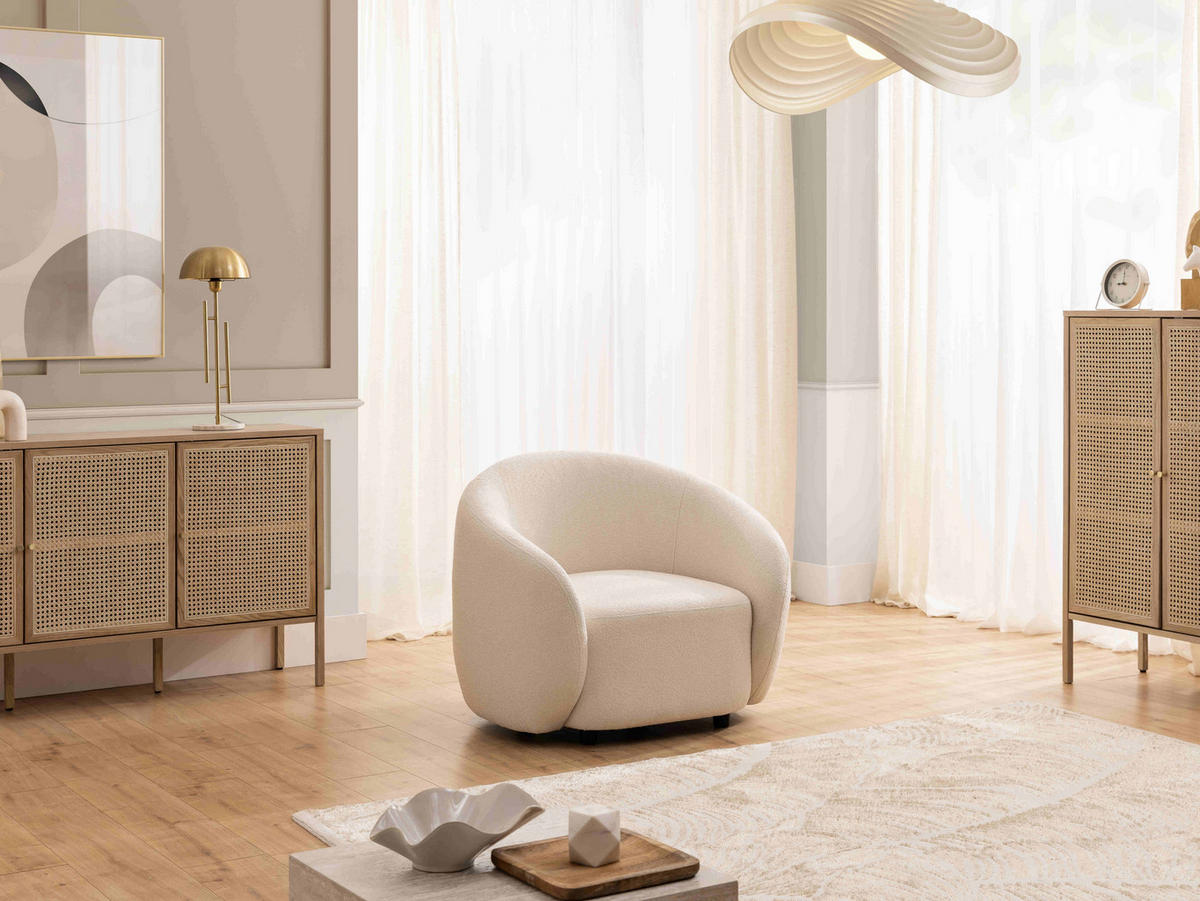 SESSEL Roundi Cremeweiß Bouclé - Creme/Schwarz, Holz/Kunststoff (90/76/80cm) - S-Style Möbel