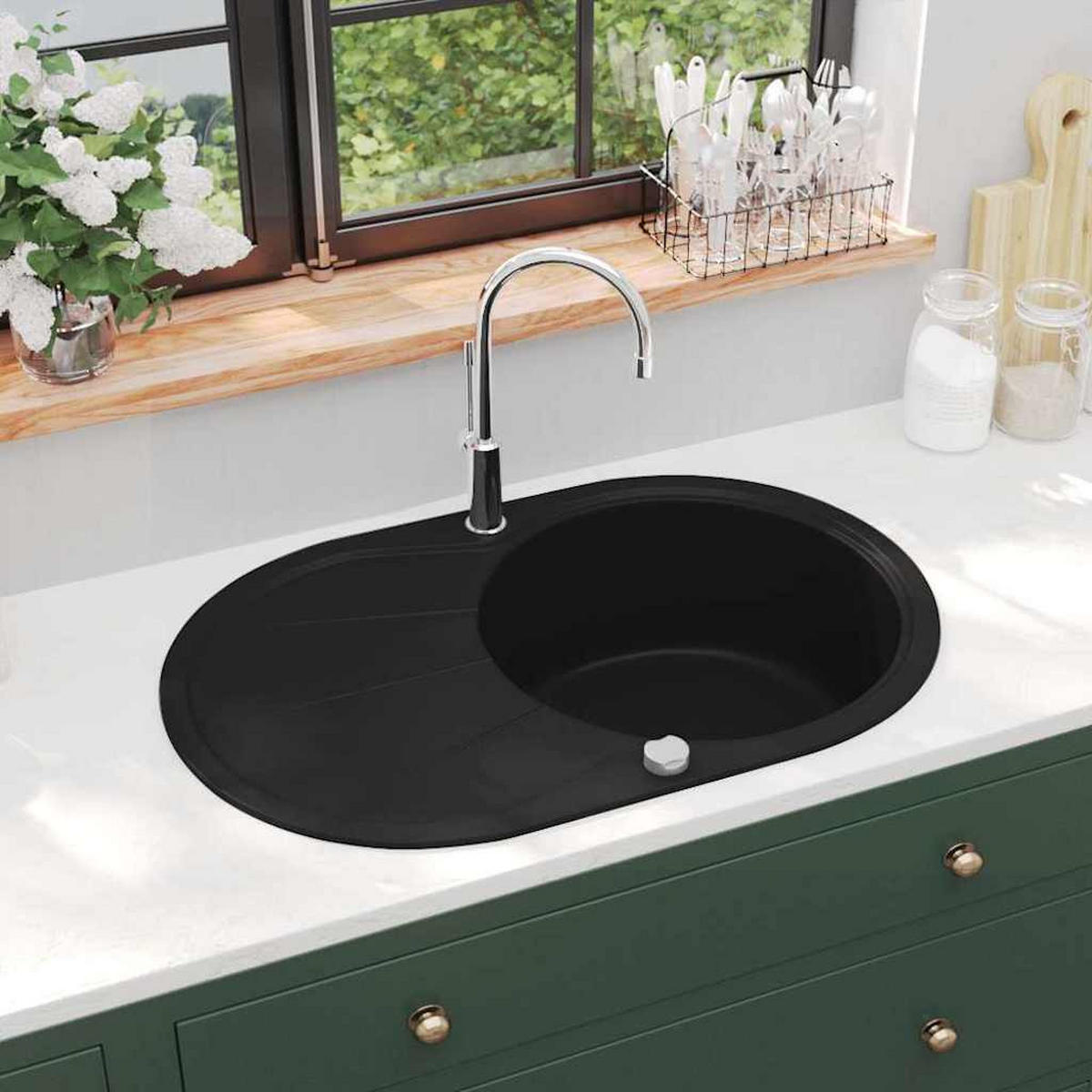 KÜCHENSPÜLE Granit Einzelwaschbecken Oval Schwarz - Schwarz, Stein (49/20.5/77cm) - vidaXL