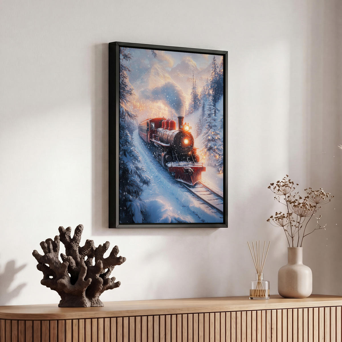 LEINWAND Bilder mit Rahmen - Weihnachtszug - Schnee - Winter - Weihnachten - 20x30 - Dunkelrot, Textil (20/30cm) - MuchoWow