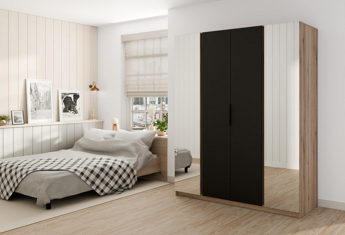 KLEIDERSCHRANK Nehir Eiche Evoke/Schwarz 200 cm - 4T Modern mit 2 Spiegeln außen - Eichefarben/Schwarz, Holzwerkstoff/Kunststoff (200/239/61.9cm) - AX Living