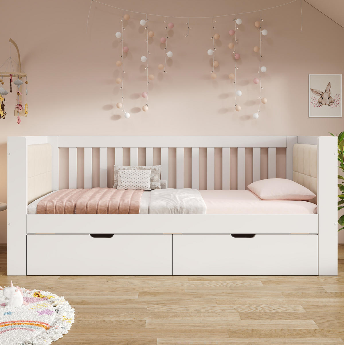 POHOVKA na každodenné spanie 90/200 cm biela z borovicového dreva s operadlom a 2 zásuvkami - biela, textil (90/200cm) - OKWISH