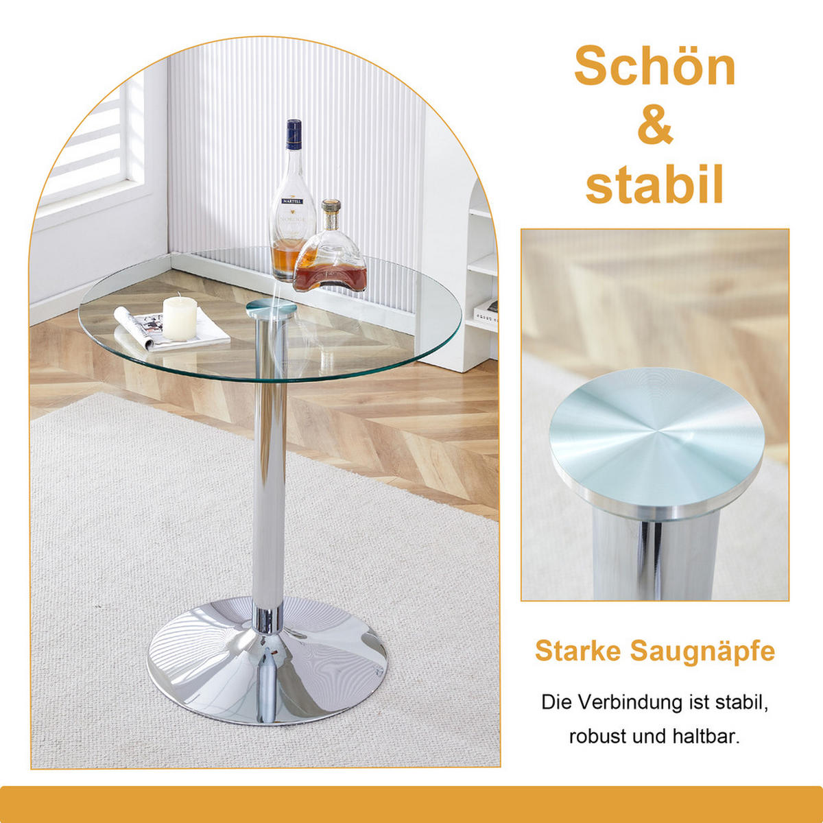 TISCHGRUPPE 3-tlg Glastisch 89 cm mit 2 transparenten Barhockern Silber - Silberfarben, Metall (93.5/5.5/93.5cm) - Raelunyi