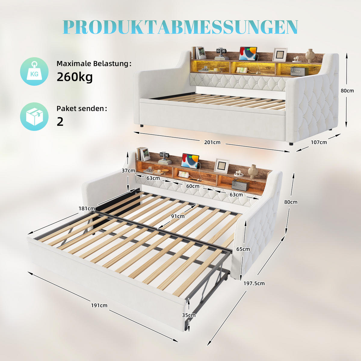 SCHLAFSOFA Beige aus Samt mit Ausziehbett, Stauraumkopfteil, LED und USB-Ladeanschlüssen - Beige, Textil (107/80/201cm) - Luhomfu