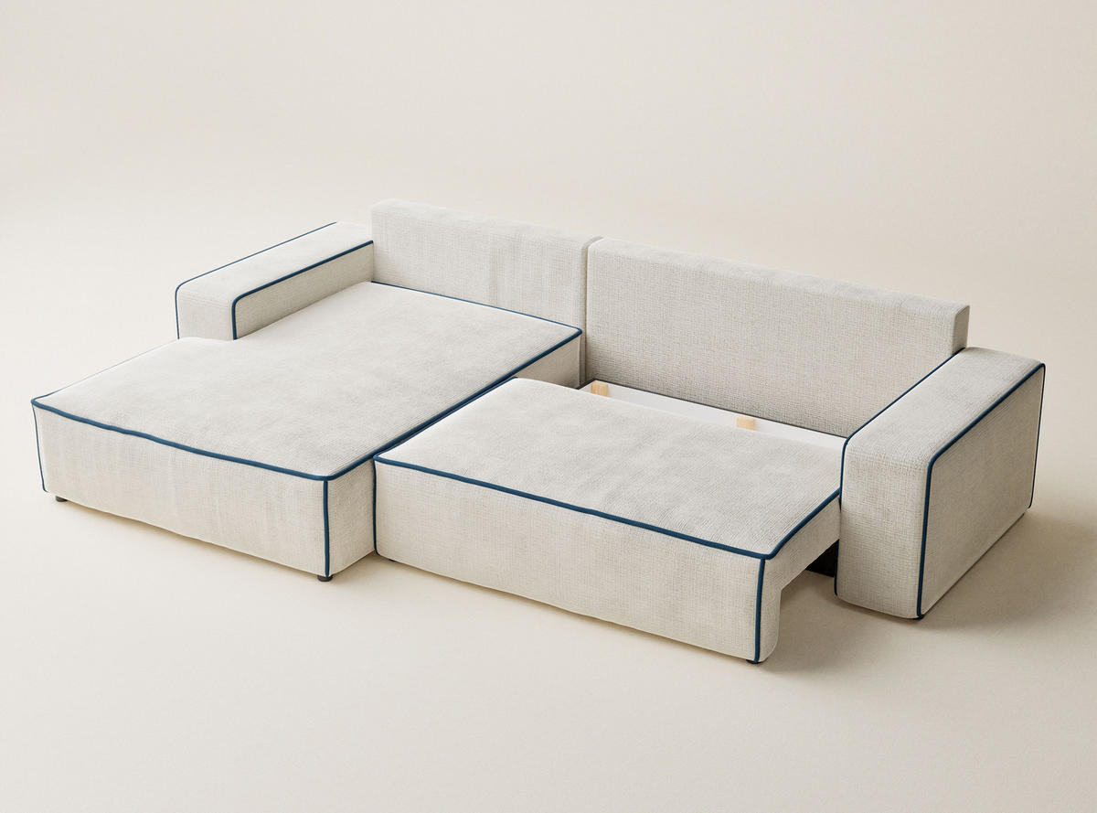 ECKSOFA MIT SCHLAFFUNKTION Modo Ecru-Dunkelblau Chenille-Stoff - Links Seite - Ecru/Schwarz, Holz/Holzwerkstoff (185/294cm) - Maison de Reve