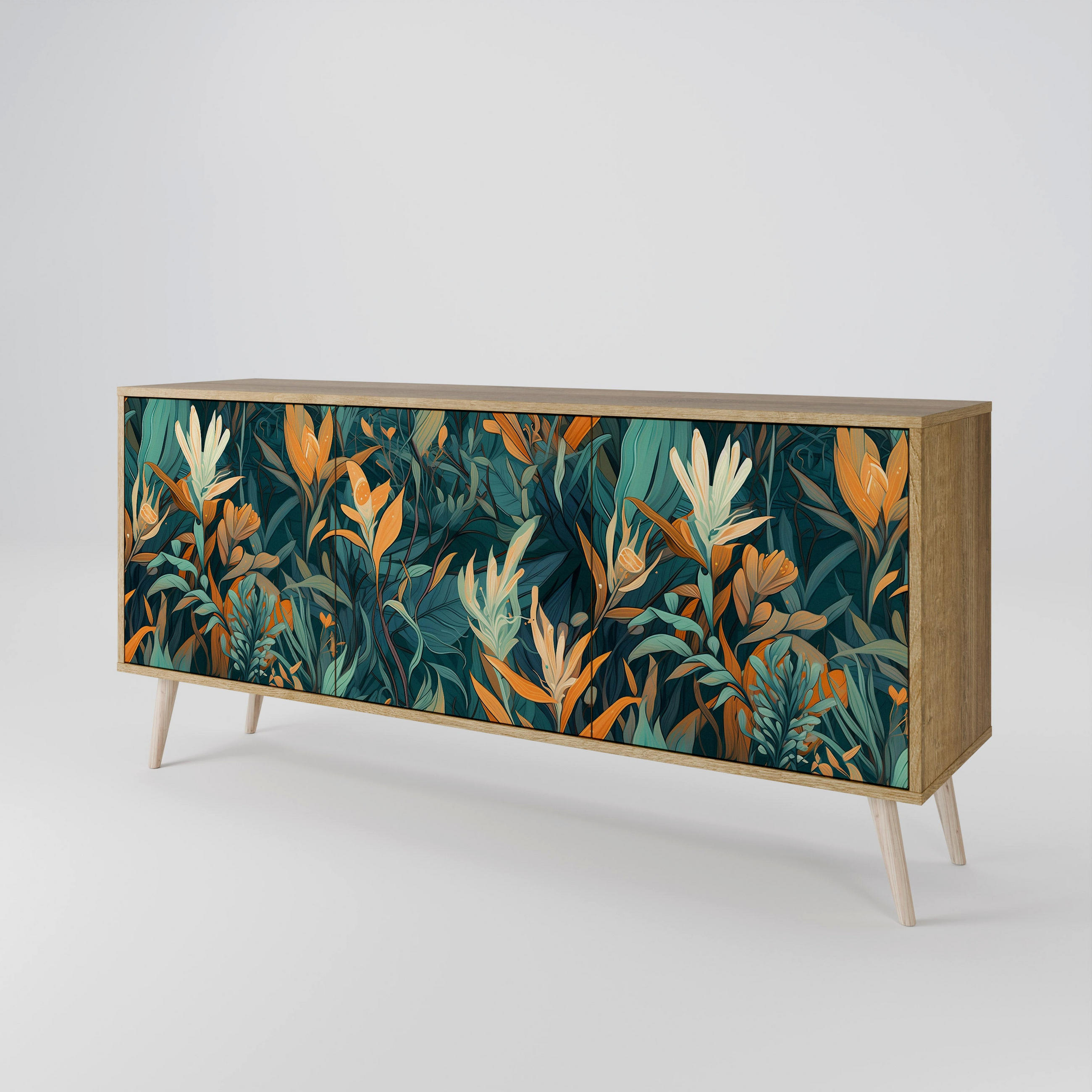 SIDEBOARD FLORAL SERENITY, Eicheneffekt, 164,5x42x77,5 cm, 3 Türen - Eichefarben/Buchefarben, Holzwerkstoff/Buchenholz (164.5/77.5/42cm) - SpaceRebels