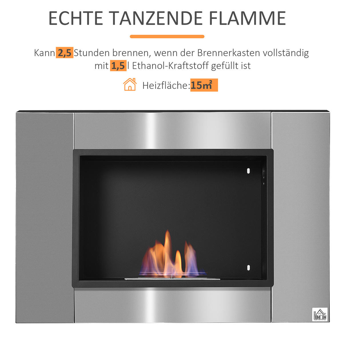 ETHANOL-KAMIN, 0,9 L, 3 Stdn., kein Rauch, Edelstahl, 80 x 14 x 54 cm - Silberfarben, Metall (14/54/80cm) - HOMCOM
