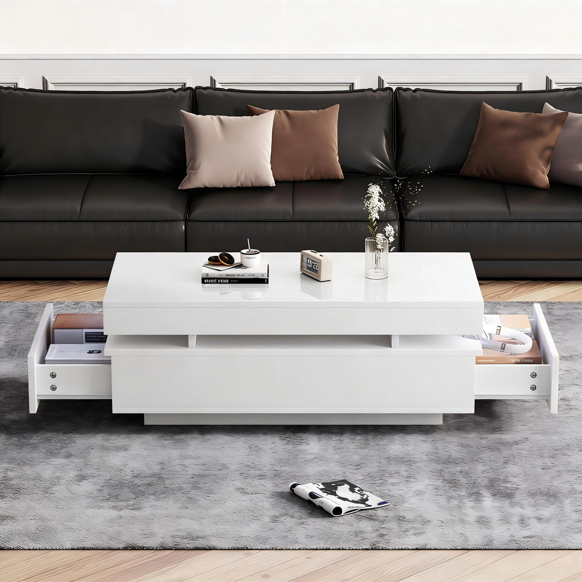 COUCHTISCH 100/50/35 cm weiß aus Spanplatte mit 2 Schubladen und LED-Beleuchtung - Weiß, Holzwerkstoff (100/50/35cm) - OKWISH