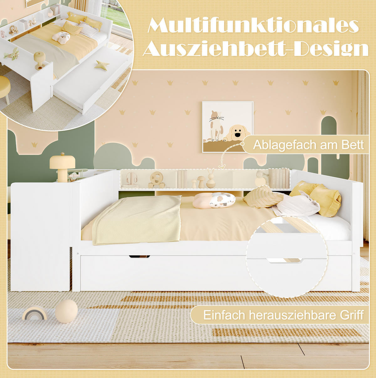 BETT 140/200 cm mit Schreibtisch, Rollbett und Regalen aus Kiefern und Spanplatte, Weiß - Weiß, Holzwerkstoff (140/200cm) - Redom