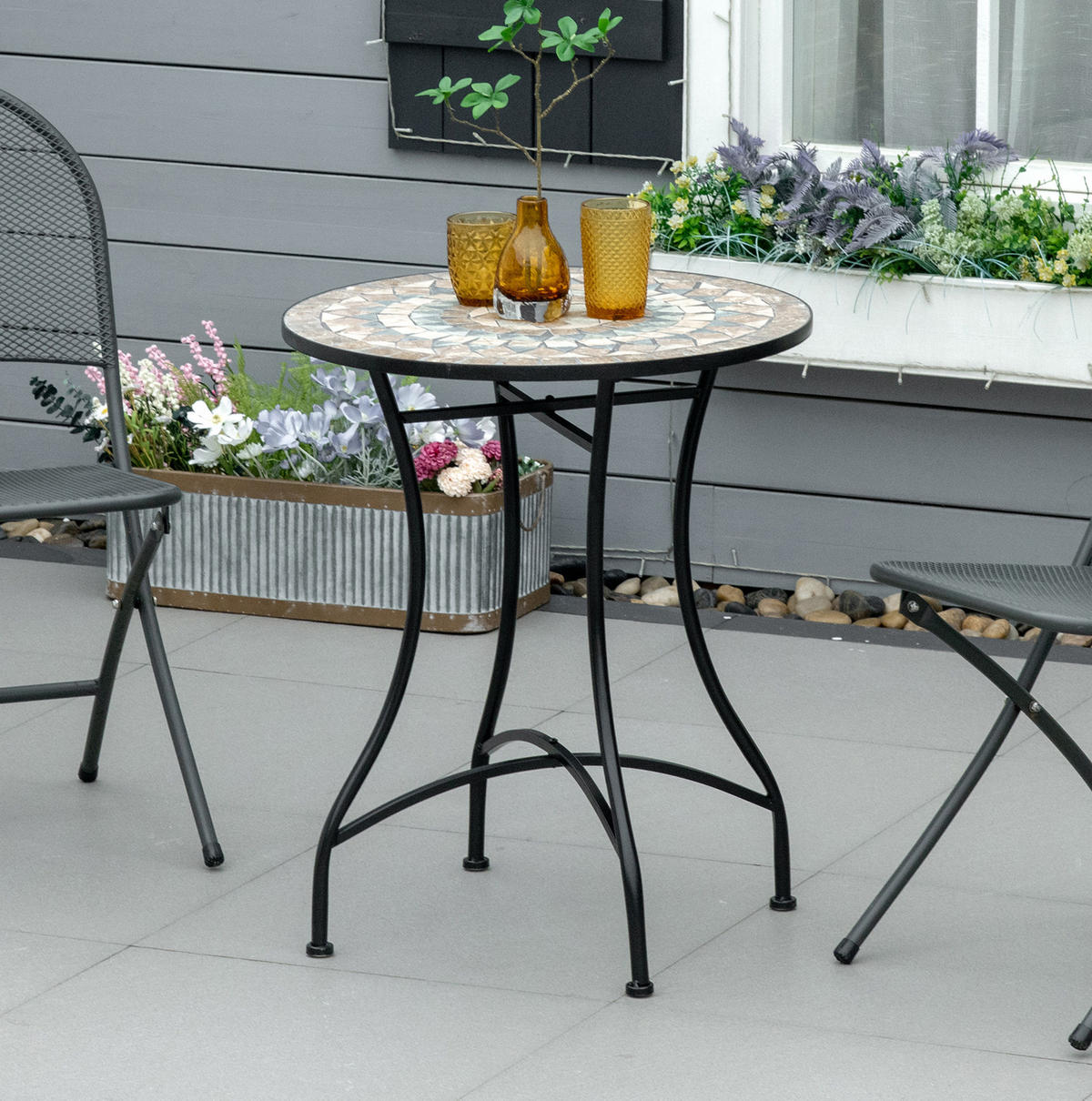 GARTENTISCH 60/60/71 cm beige-schwarz aus Keramik mit Mosaikplatte - Naturfarben, Keramik (60/60/71cm) - OKWISH