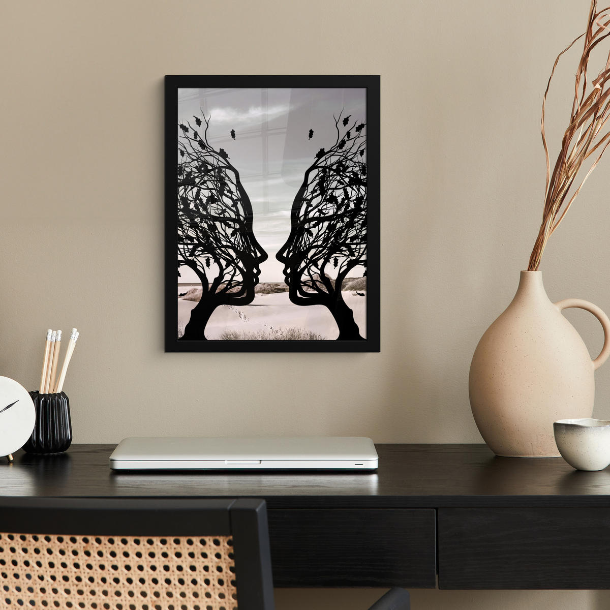 GERAHMTES BILD Strand - Meer - Menschen - Baum - Moderne Kunst 30x40 cm - Hellgrau, Papier (30/40cm) - MuchoWow