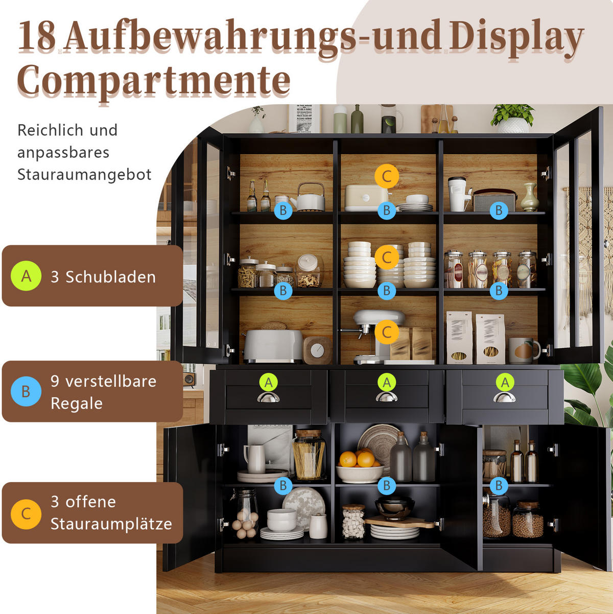 MODERNER Buffet mit Acryl-Türen und verstellbaren Böden, 140/38,5/175 cm, Schwarz - Schwarz, Holzwerkstoff (140/175/38.5cm) - Redom