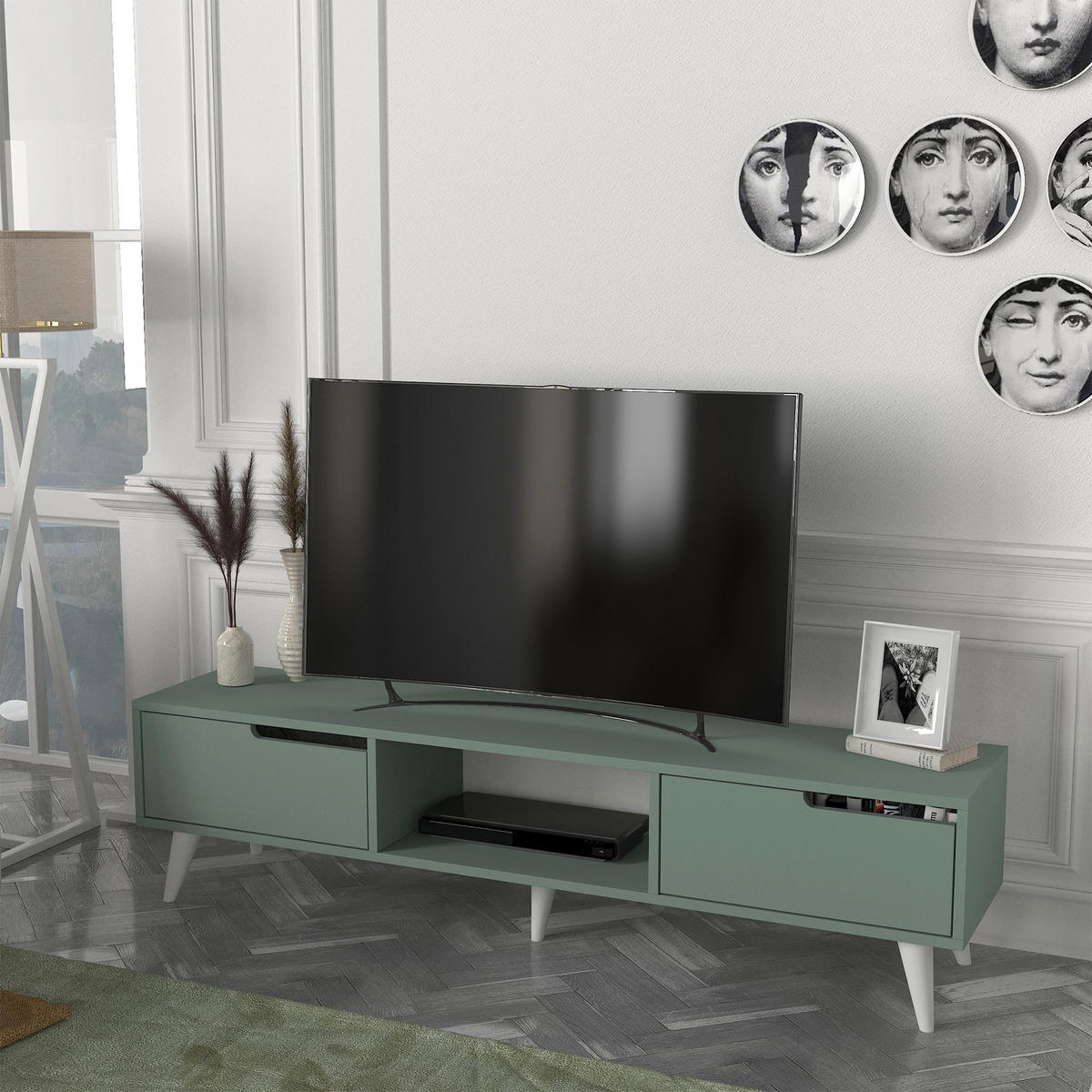 FERNSEHSCHRANK Kullila - Eichefarben/Grün, Holzwerkstoff (35/40/160cm) - [en.casa]