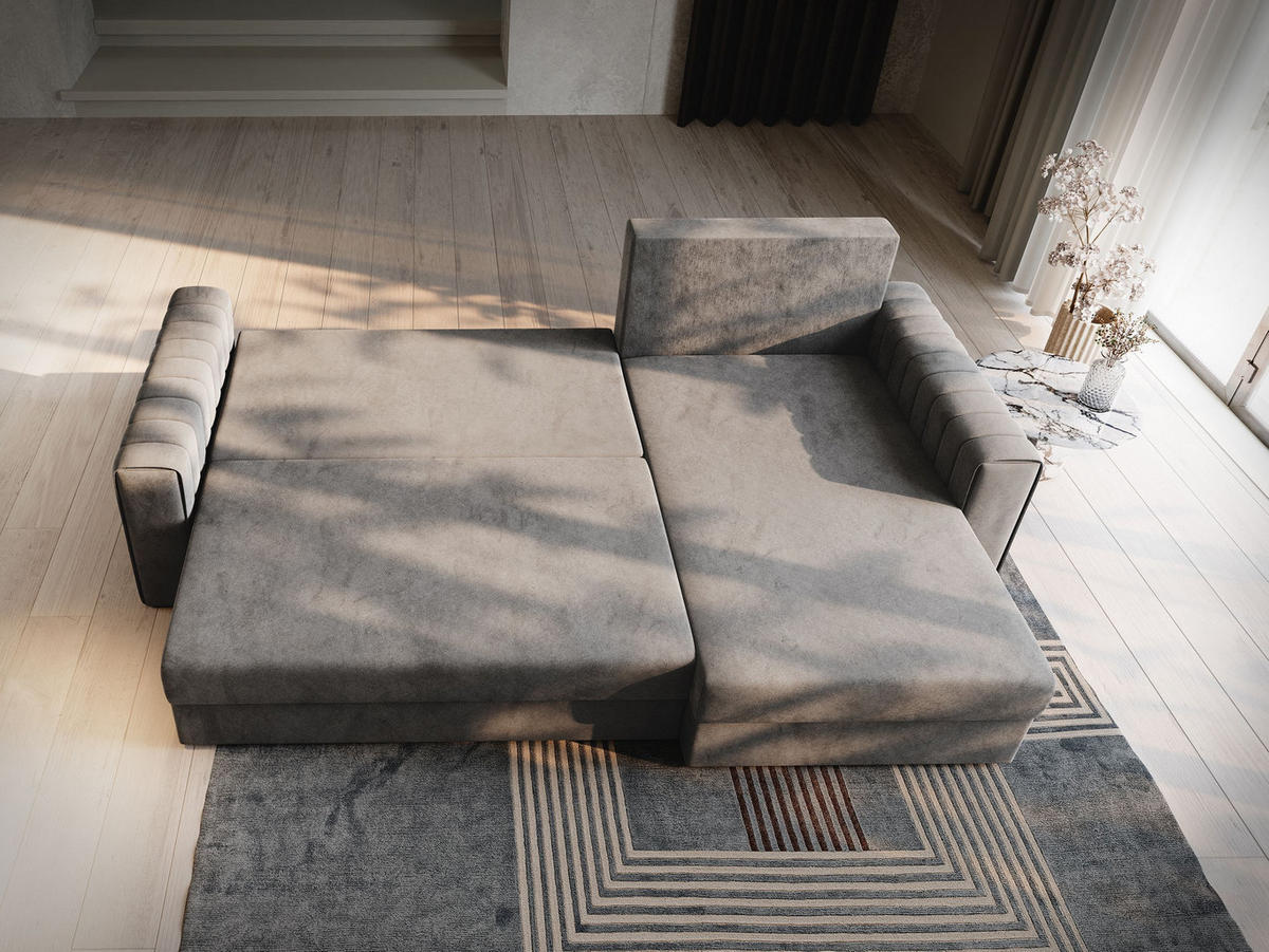 ECKSOFA CARL Hellgrau Plüsch-Stoff mit Schlaffunktion - Hellgrau, Holz (236/150cm) - MASSENO