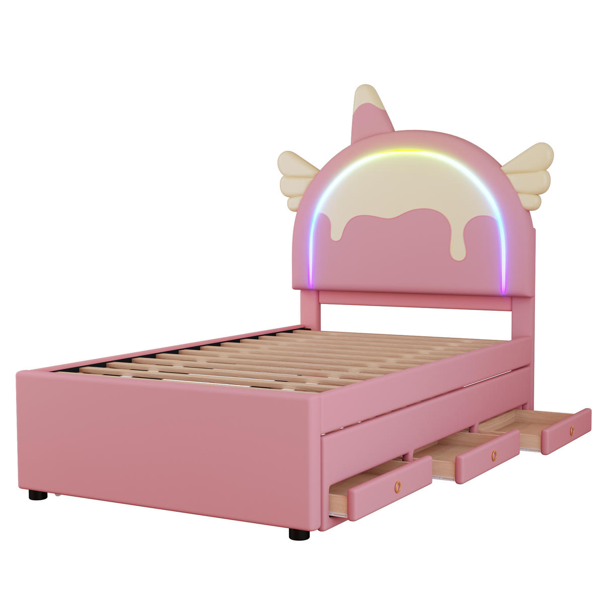 KINDERBETT aus PU 90x200 cm Rosa mit ausziehbarem Rollbett und Schubladen, Einhorn-Design - Rosa, Kunststoff (90/200cm) - Modfu