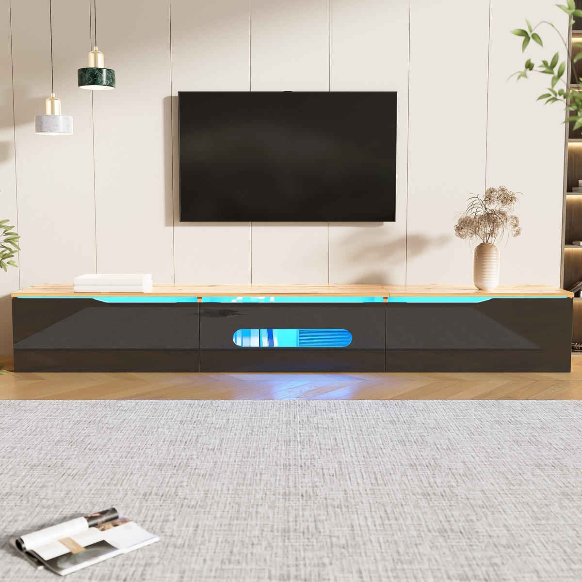 LOWBOARD 180/35/30 cm aus MDF und Spanplatte mit LED-Beleuchtung Schwarz (Holzoptik) - Schwarz, Holzwerkstoff (180/30/35cm) - Modenvie