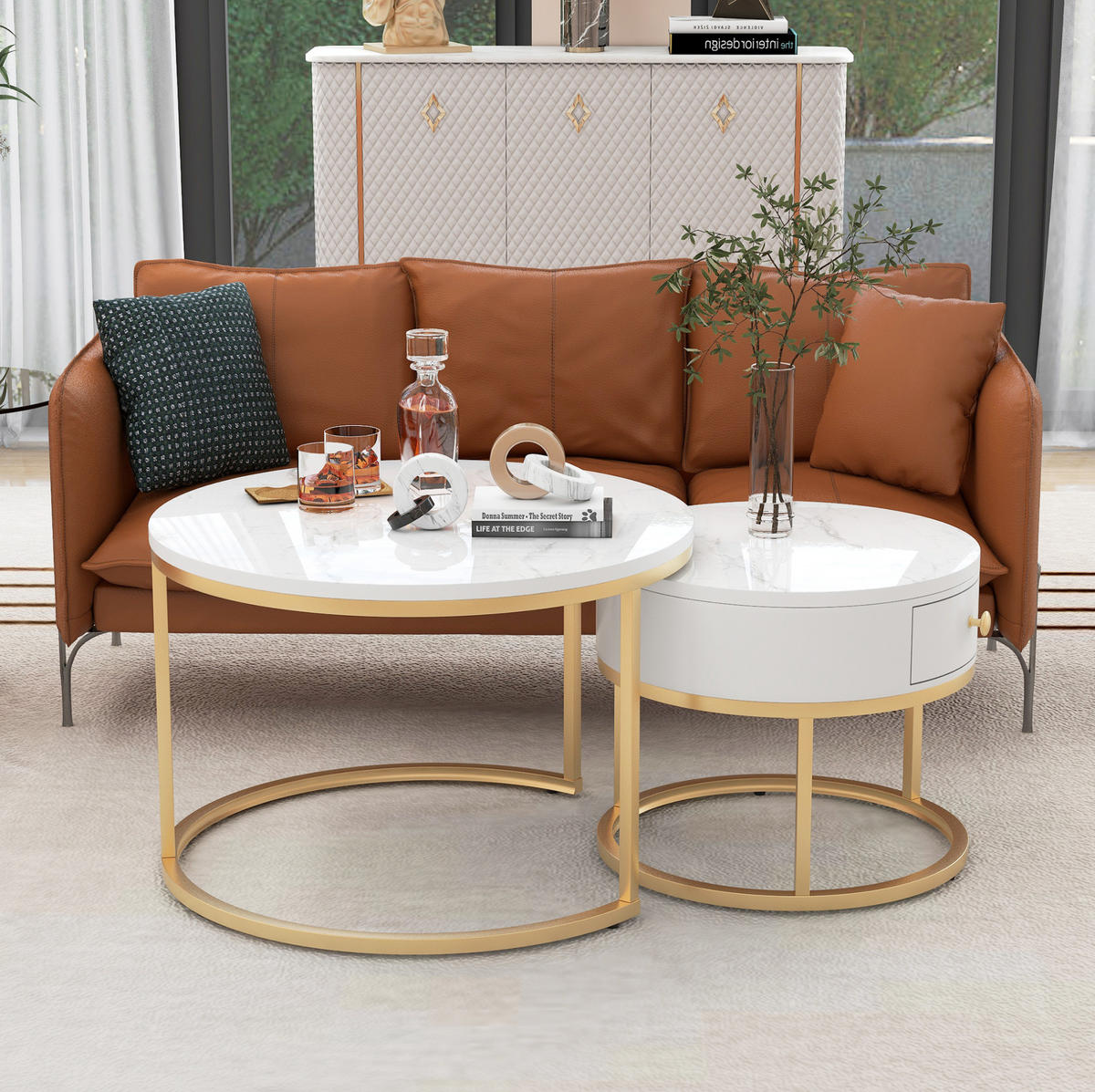 KOMPLET klubskih mizic, 70/70/48 in 50/50/43,5 cm, MDF bela visok sijaj - bela, leseni material (70/70/48cm) - BEAOK