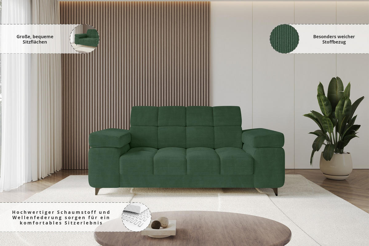 SOFA 2-Sitzer LORD-S1 194x97x90 cm Grün Cord - Grün, Holzwerkstoff/Textil (194/90/97cm) - ALTDECOR