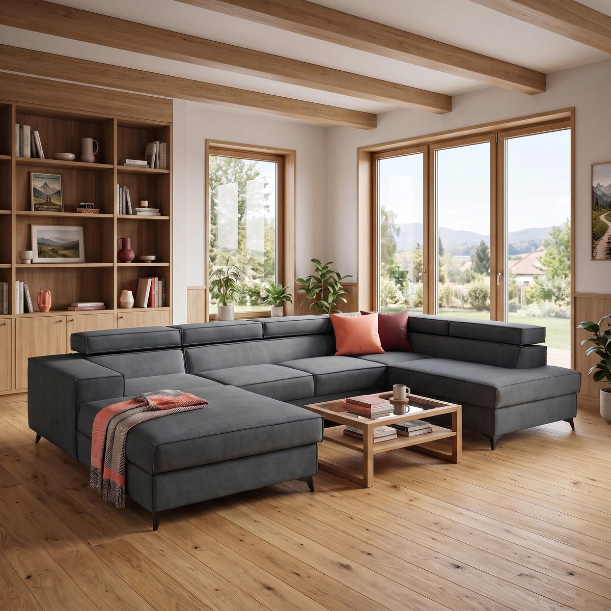 ECKSOFA PURE U Rechts mit Schlaffunktion 127x270 Velours Grau - Schwarz/Grau, Holz/Textil (204/340cm) - Muffo