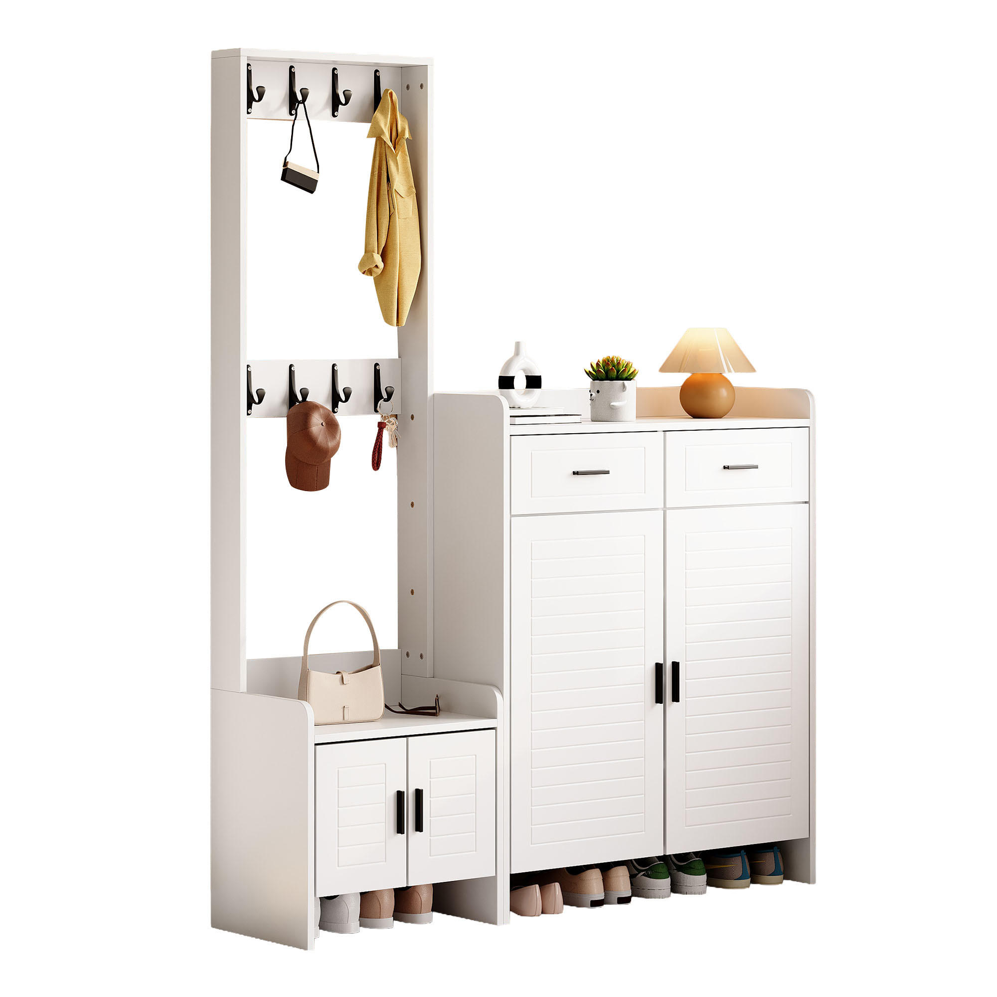 GARDEROBEN-SET in Weiß mit Schubladen und Haken für Flur und Eingangsbereich, B125/T36/H165 cm - Weiß, Holzwerkstoff (125/165/32cm) - STILVORA