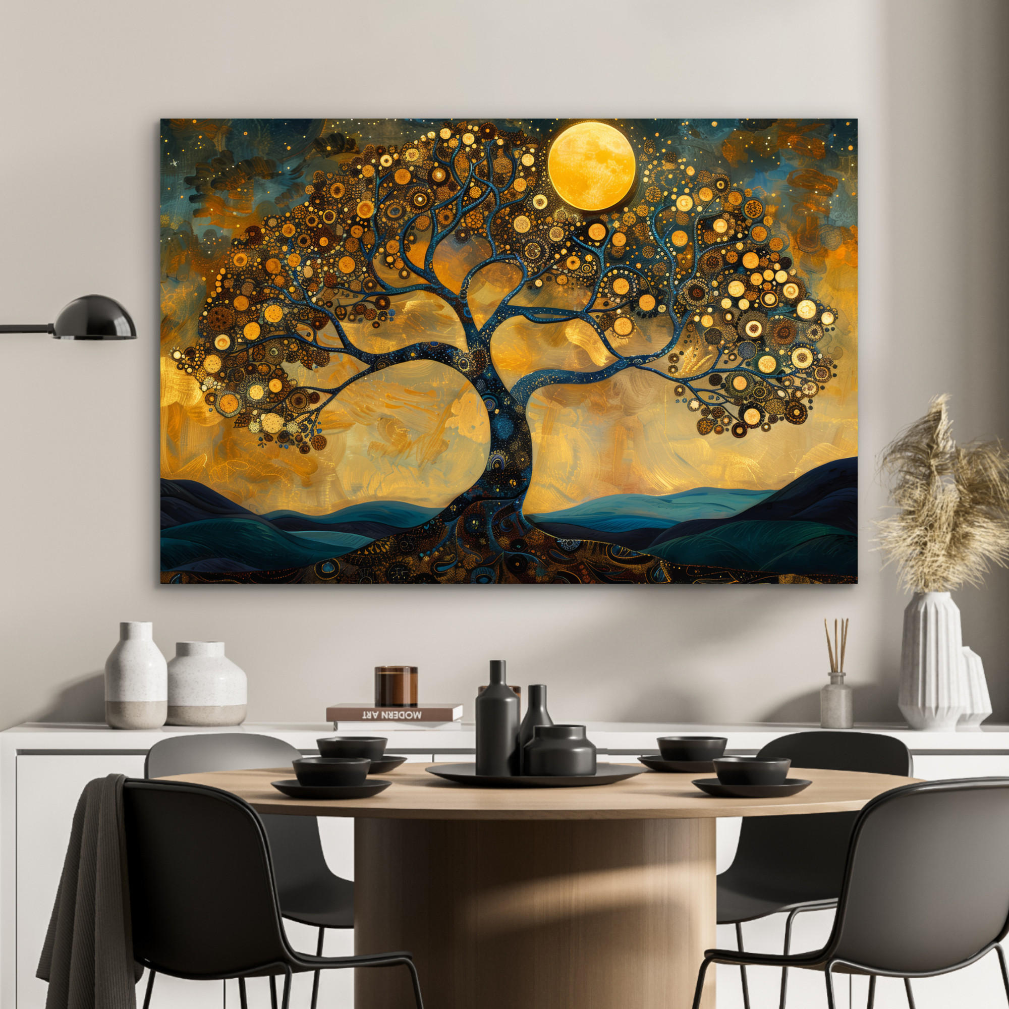 METALLBILD Baum - Mond - Blumen - Gold - Kunst 120x80 cm - Orange, Metall (120/80cm) - MuchoWow