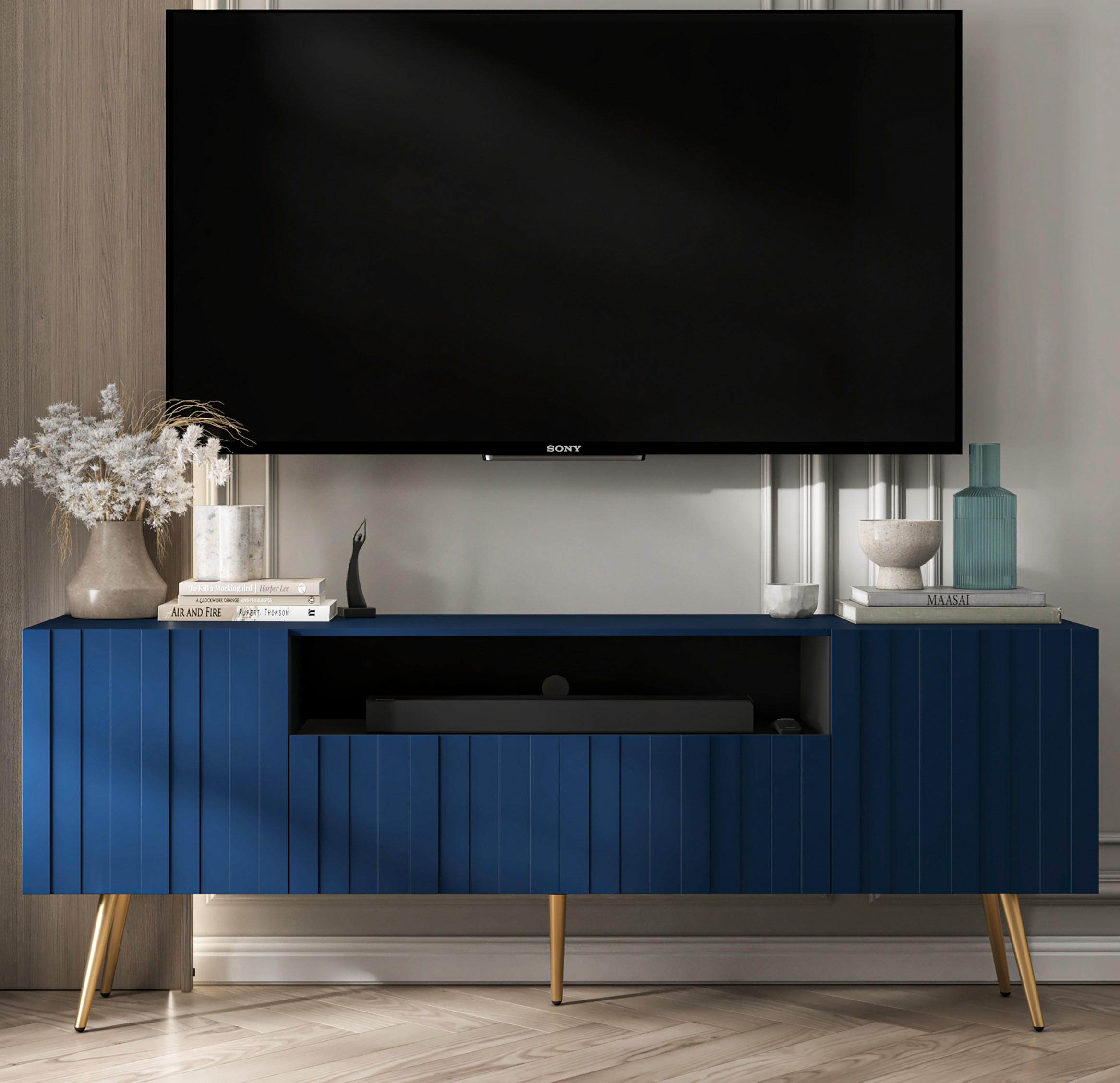 TV-SCHRANK Elpis2 Marineblau Matt mit goldenen Metallbeine Glamour 150 cm - Blau/Goldfarben, Holzwerkstoff/Metall (150/60.5/36.5cm) - Meble Lindner