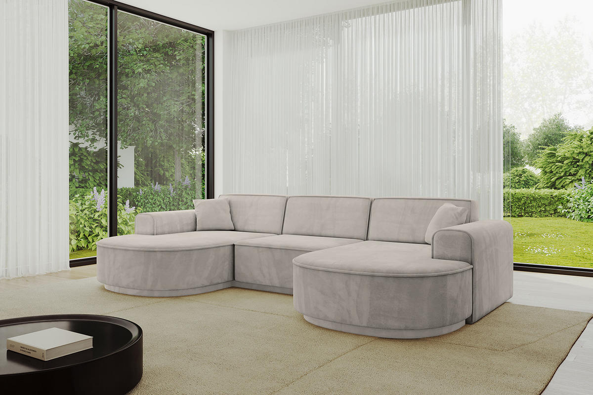 WOHNLANDSCHAFT MARI-U1-v3 - 303x171x83 cm Hellbraun Velours - Hellbraun/Schwarz, Holzwerkstoff/Kunststoff (303/83/171cm) - ALTDECOR