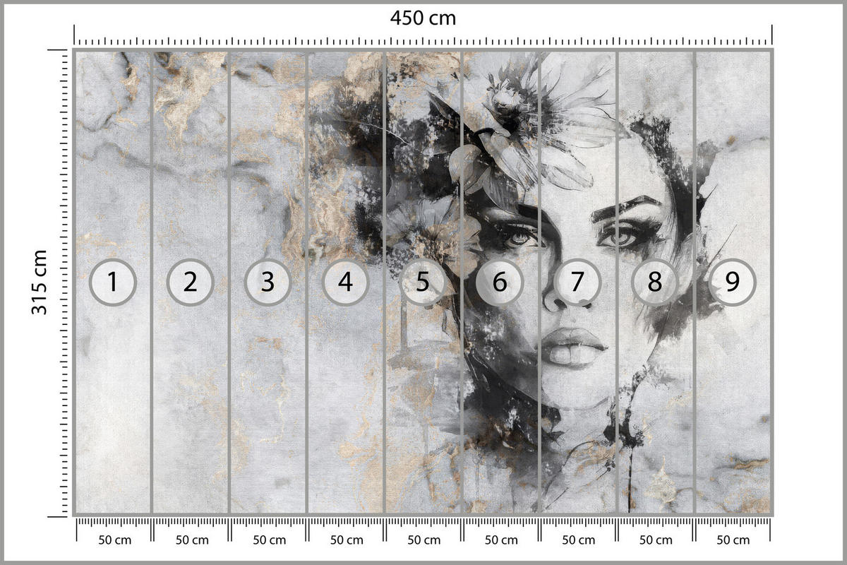 FOTOTAPETE für Wohnzimmer Frau Porträt Beton Blumen Modern 450x315 - Goldfarben/Schwarz, Papier (450/315cm) - Muralo