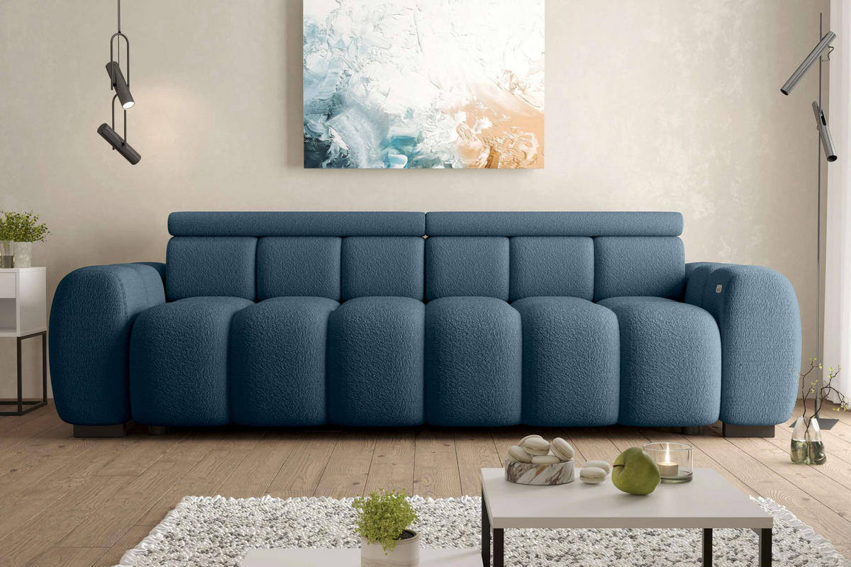 BIGSOFA ALESSIO Bouclé-Stoff Dunkelblau mit elektrischer Sitztiefenverstellung - Dunkelblau, Kunststoff/Textil (248/77/108cm) - 99rooms