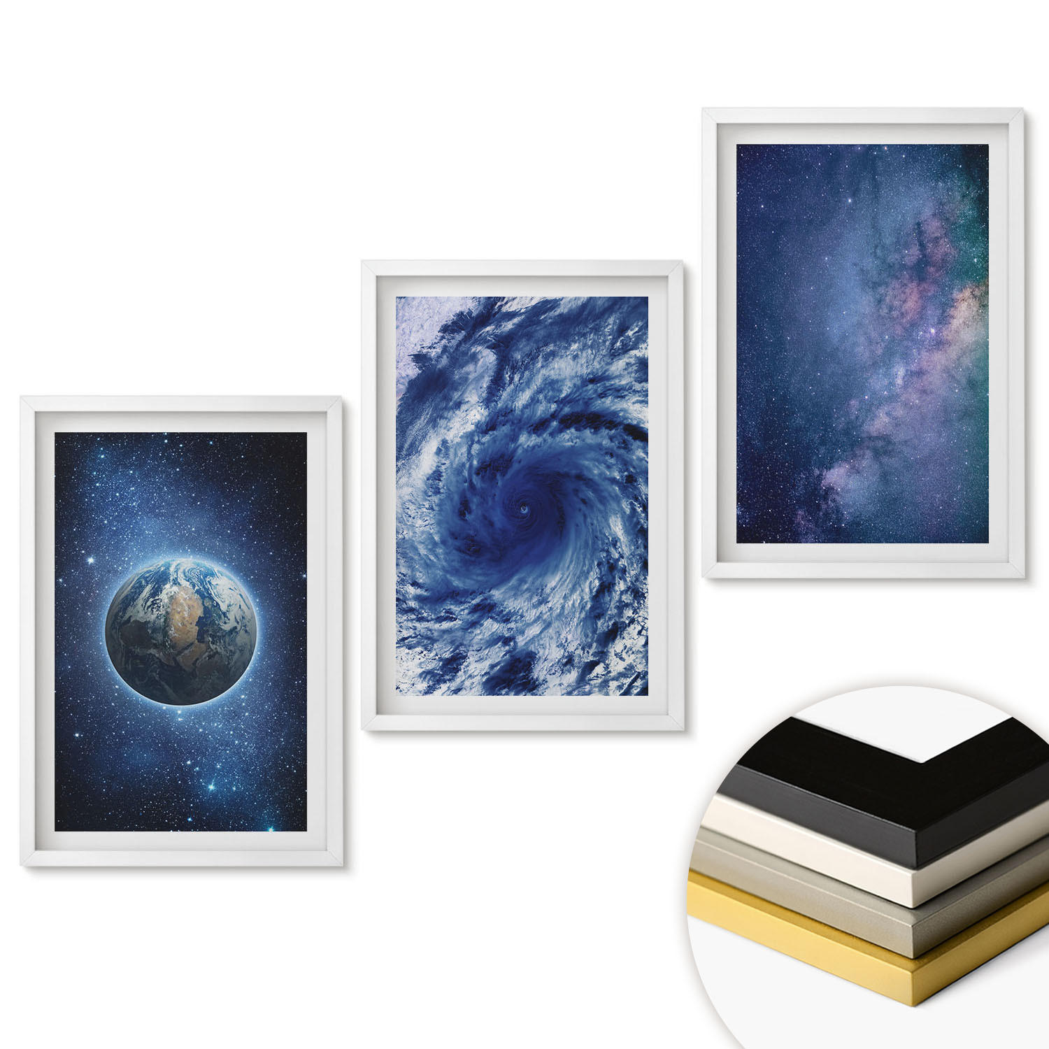 WANDBILDER 3er-Set - 40x60 cm Weißer Rahmen - Erde Weltraumsturm Galaxie - Weiß, Kunststoff (40/60cm) - ArtPrintCave