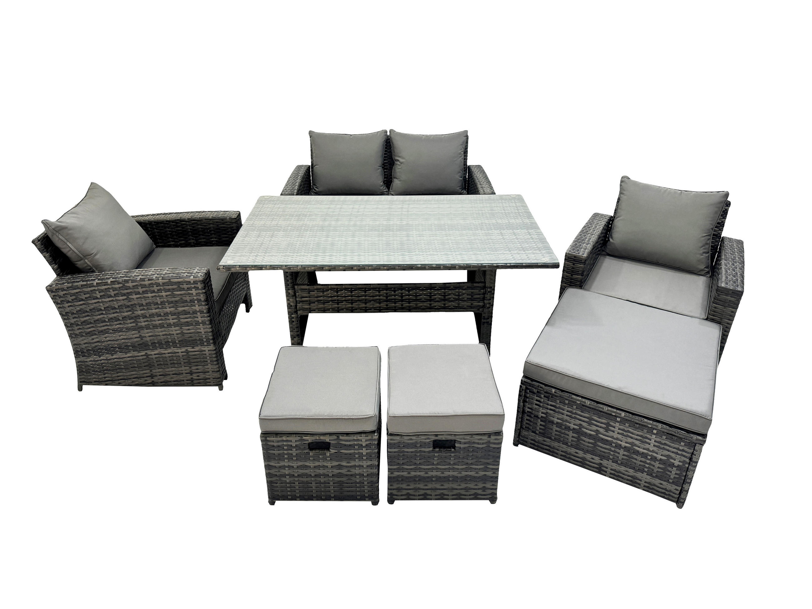 GARTENMÖBELSET mit 2 Sesseln,Zweisitzer,3 Hockern,Esstisch Polyrattan Dunkelgrau 7-Sitzer - Dunkelgrau/Grau, Glas/Kunststoff - Fimous