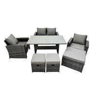 GARTENMÖBELSET mit 2 Sesseln,Zweisitzer,3 Hockern,Esstisch Polyrattan Dunkelgrau 7-Sitzer - Dunkelgrau/Grau, Glas/Kunststoff - Fimous