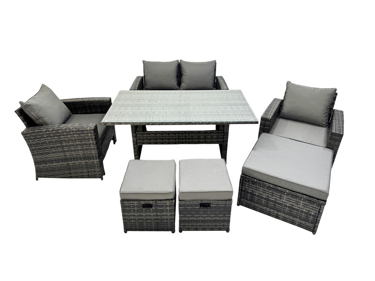 GARTENMÖBELSET mit 2 Sesseln,Zweisitzer,3 Hockern,Esstisch Polyrattan Dunkelgrau 7-Sitzer - Dunkelgrau/Grau, Glas/Kunststoff - Fimous