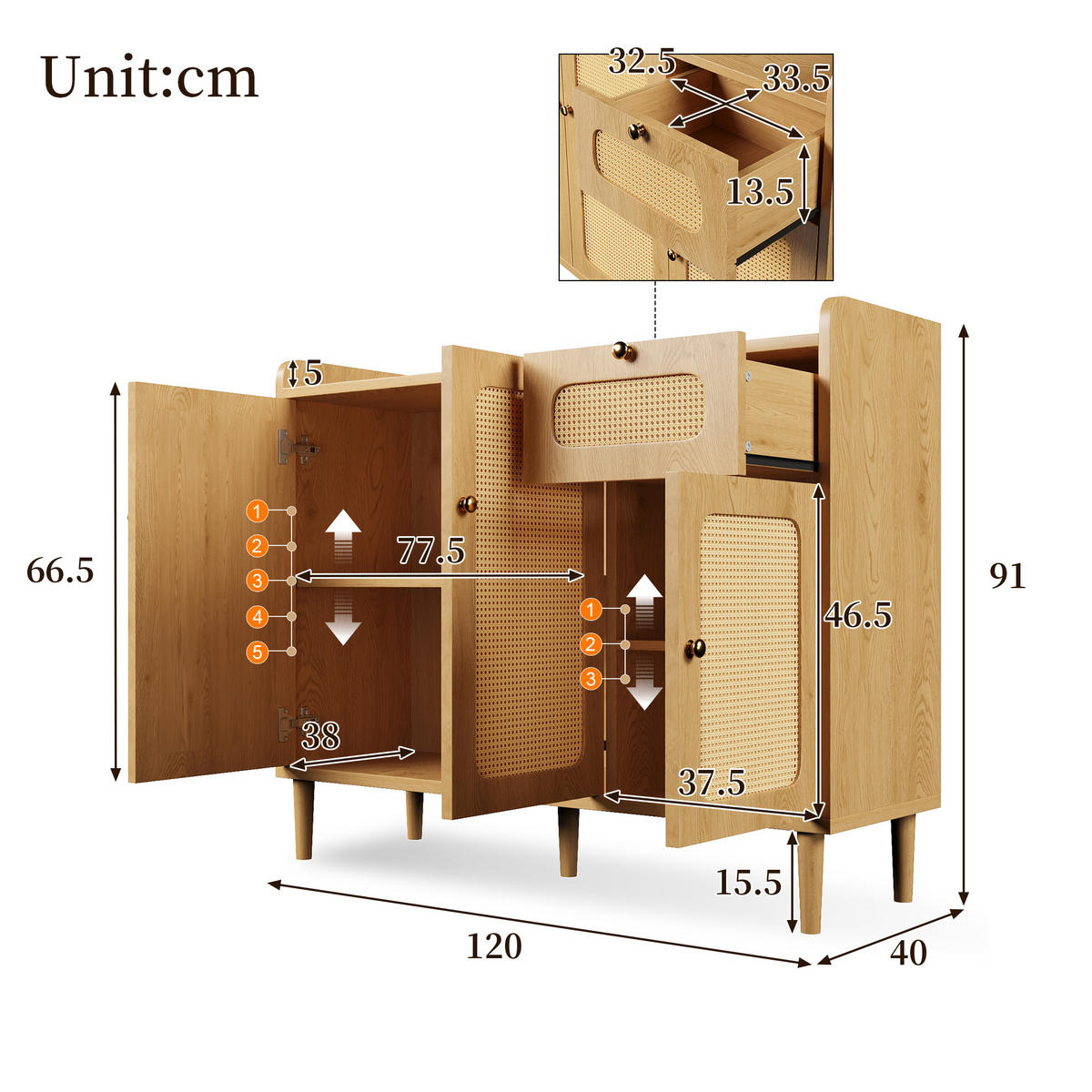 SIDEBOARD 120x40x91 cm Eiche mit Rattan und 3 Türen - Eichefarben, Holz (120/91/40cm) - FLIEKS