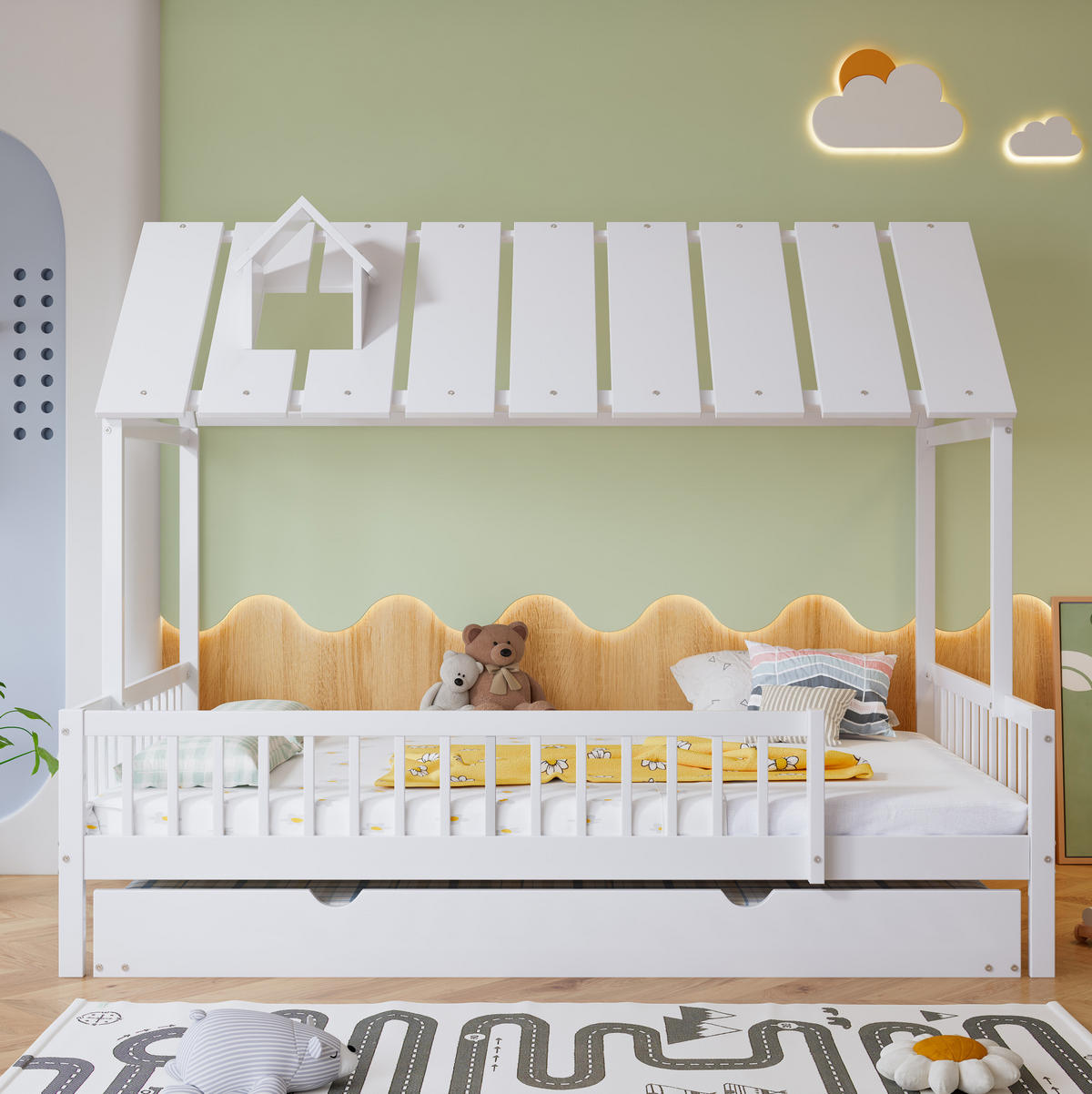 HAUSBETT 120/200 cm in Weiß – mit Dach, Kaminleiste und Rollbett - Weiß, Holzwerkstoff (120/200cm) - BEAOK