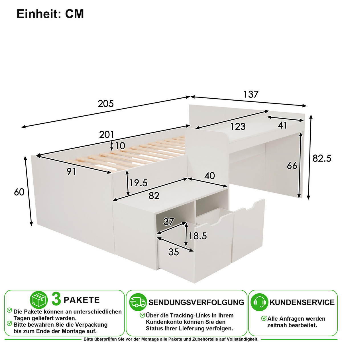 DĚTSKÁ POSTEL 90/200 cm v bílé barvě s psacím stolem a 2 zásuvkami - bílá, dřevo/kompozitní dřevo (90/200cm) - CHICFURN