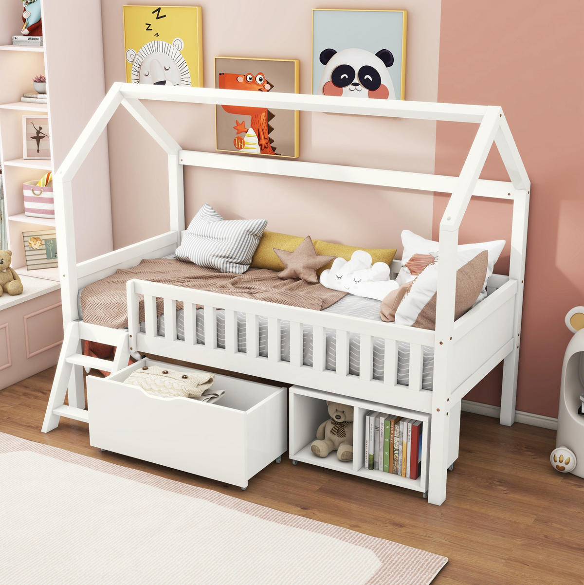 KINDERBETT 90/200 cm im Baumhausstil mit Treppe, Geländer, Schubladen und Schrank aus Kiefern, Weiß - Weiß, Holzwerkstoff (90/200cm) - Redom
