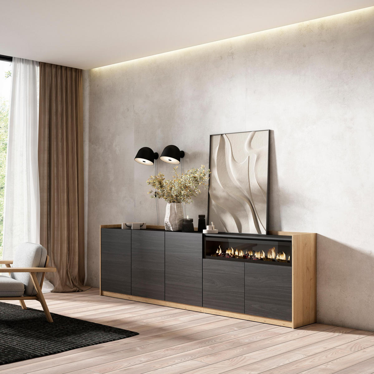 SIDEBOARD, Highboard, Schwarz Eiche, Elektrokamin, 260/37/80cm - Schwarz, Holzwerkstoff (260/80/37cm) - Skraut Home