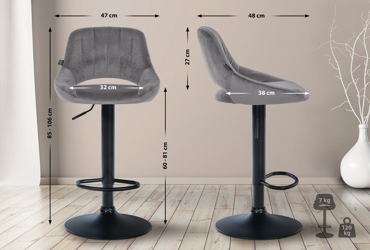 BARHOCKER 2er Set Milos Samt B dunkelgrau - Schwarz/Grau, Textil/Metall (47/106/48cm) - TPFLiving